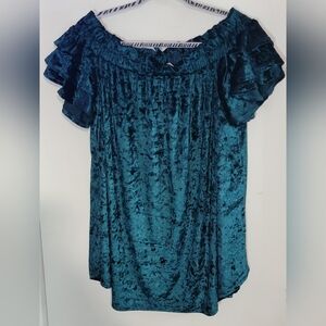 Umgee Oversized Teal Crushed Velvet Off-Shoulder Ruffle Sleeve Top